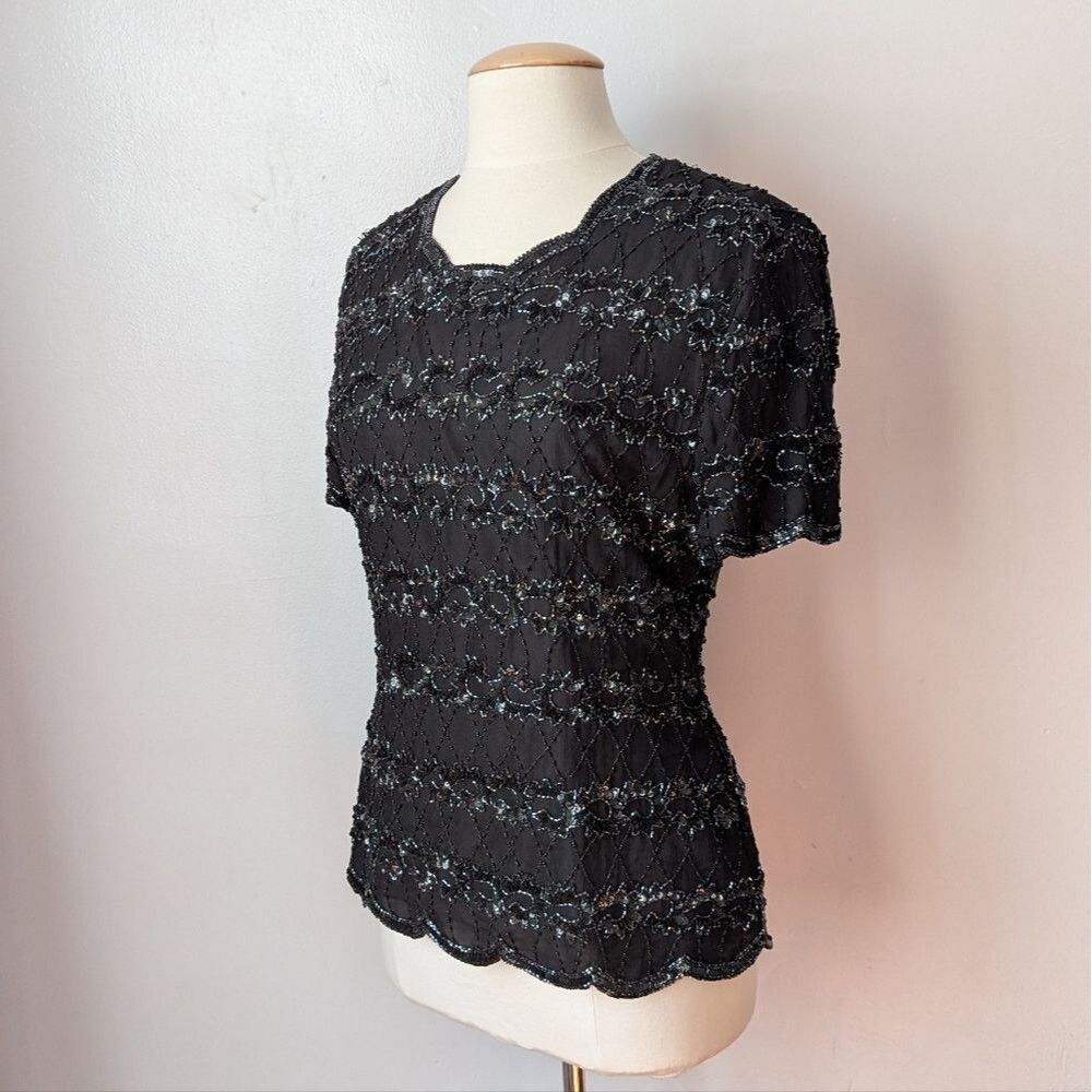 Vintage Black Silk Sequin Top By Stenay